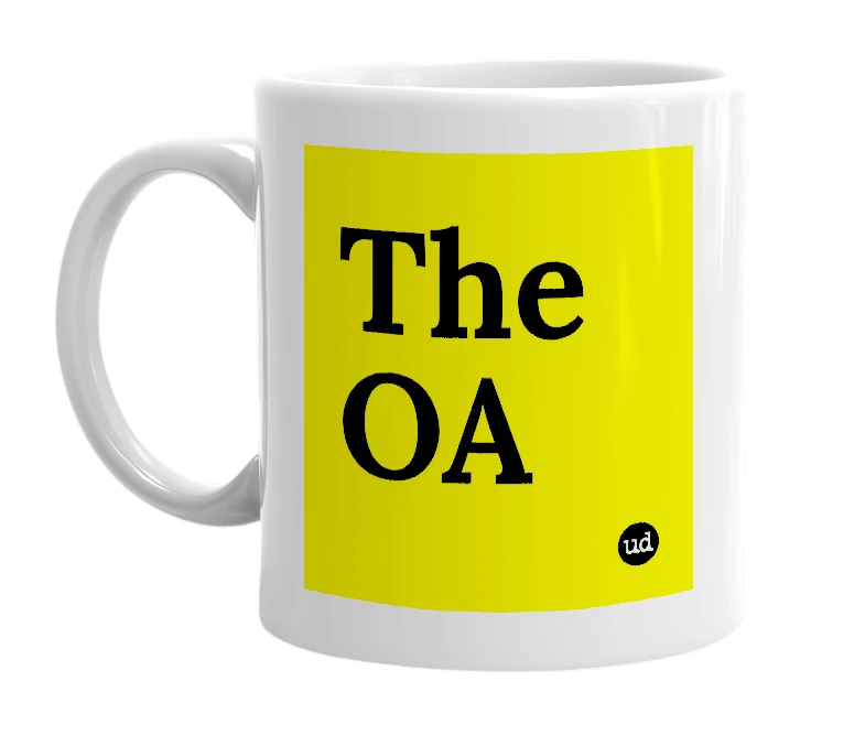 White mug with 'The OA' in bold black letters