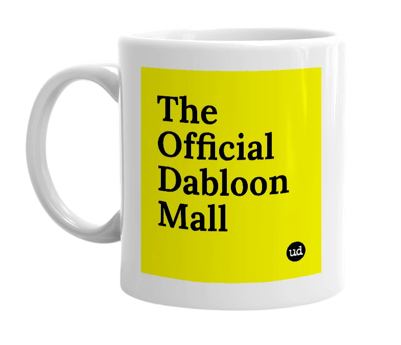 White mug with 'The Official Dabloon Mall' in bold black letters