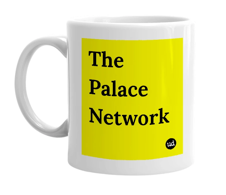 White mug with 'The Palace Network' in bold black letters
