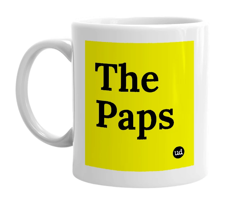 White mug with 'The Paps' in bold black letters