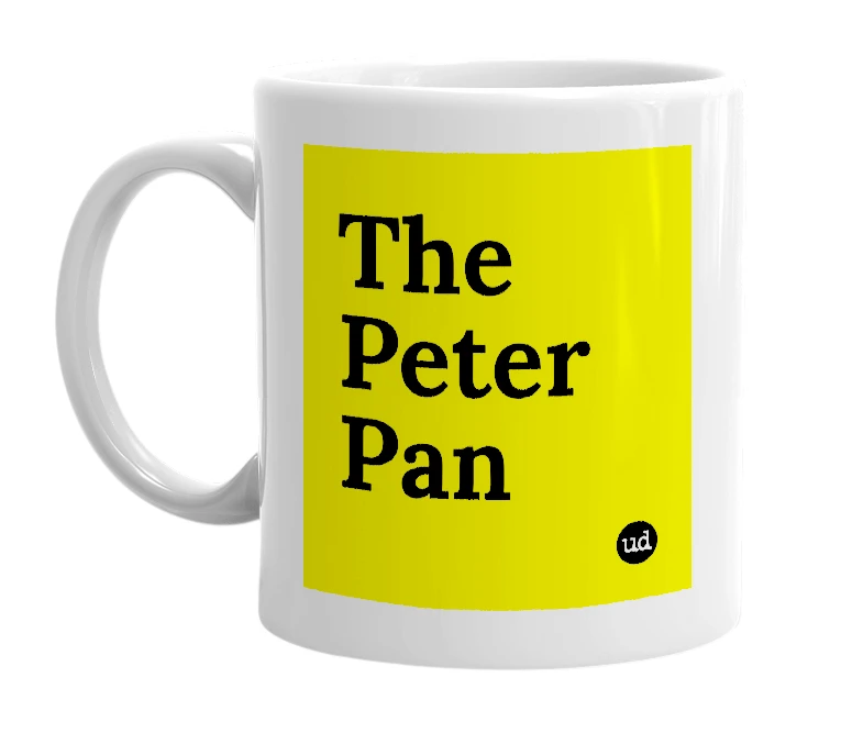 White mug with 'The Peter Pan' in bold black letters
