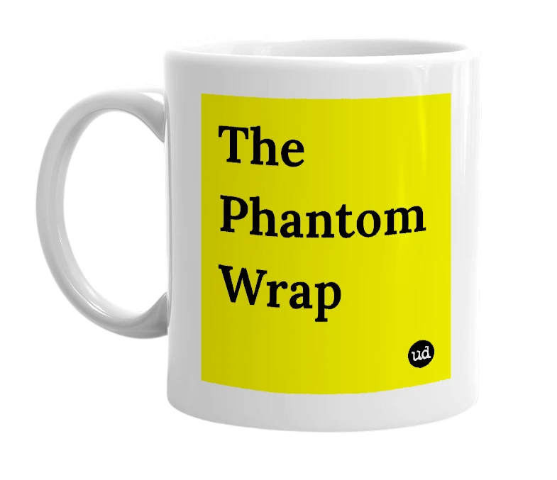 White mug with 'The Phantom Wrap' in bold black letters
