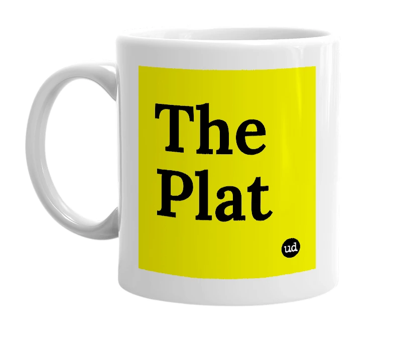 White mug with 'The Plat' in bold black letters