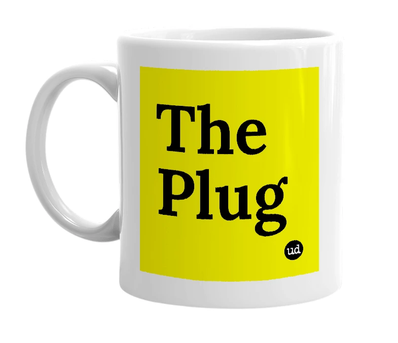 White mug with 'The Plug' in bold black letters