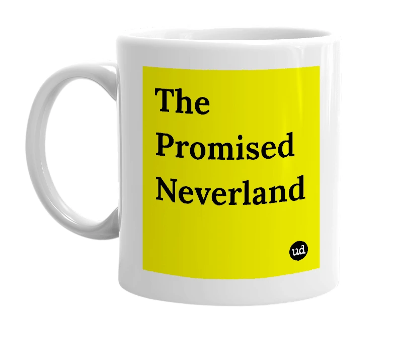 White mug with 'The Promised Neverland' in bold black letters