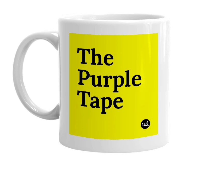 White mug with 'The Purple Tape' in bold black letters