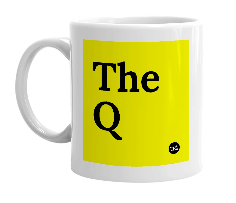 White mug with 'The Q' in bold black letters