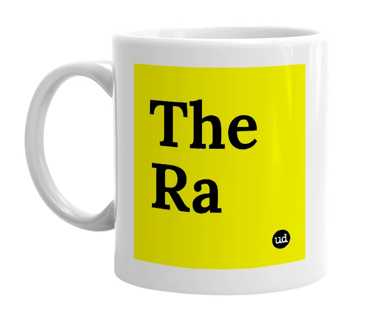 White mug with 'The Ra' in bold black letters