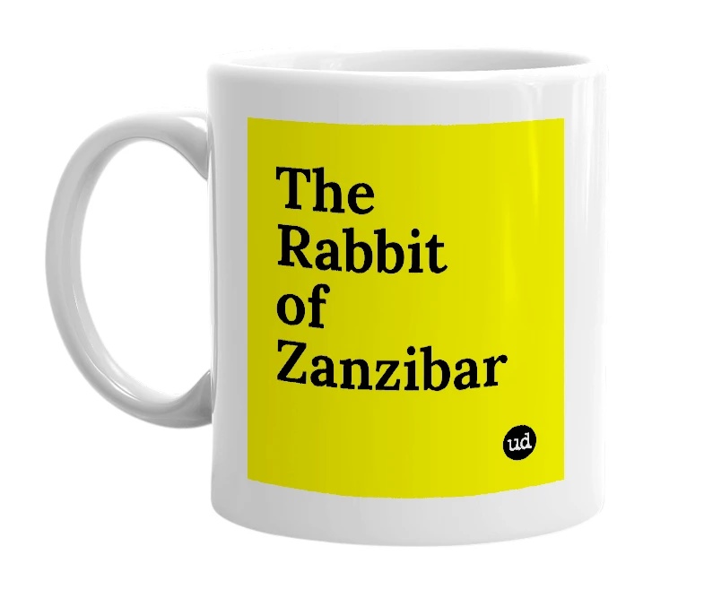 White mug with 'The Rabbit of Zanzibar' in bold black letters