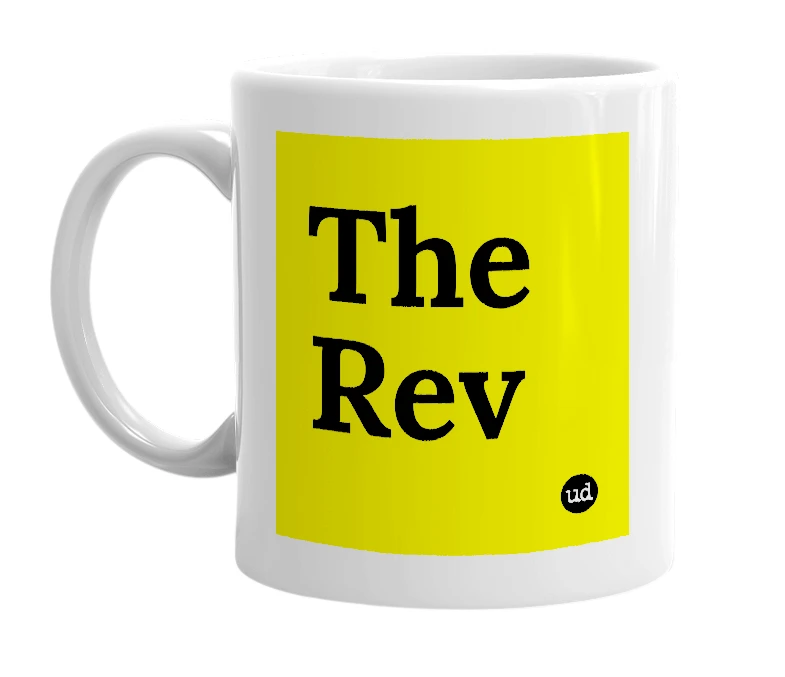 White mug with 'The Rev' in bold black letters