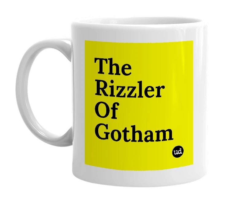 White mug with 'The Rizzler Of Gotham' in bold black letters