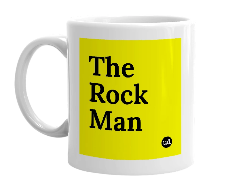 White mug with 'The Rock Man' in bold black letters