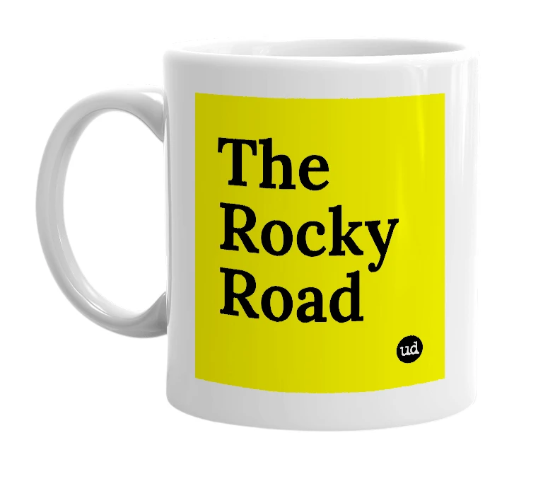 White mug with 'The Rocky Road' in bold black letters