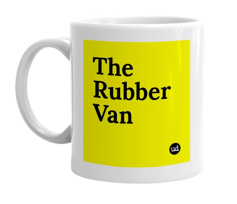 White mug with 'The Rubber Van' in bold black letters