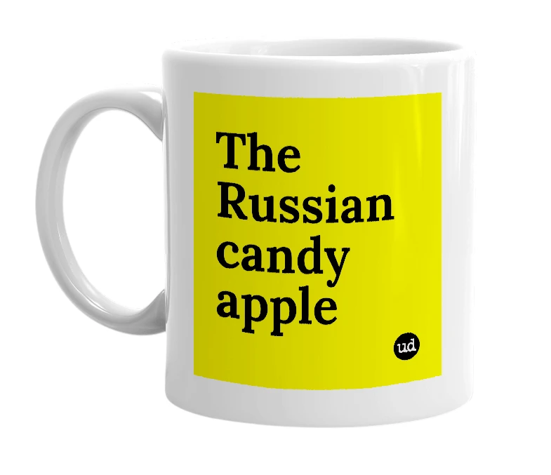 White mug with 'The Russian candy apple' in bold black letters