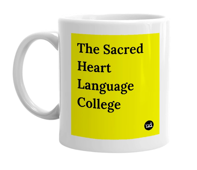 White mug with 'The Sacred Heart Language College' in bold black letters