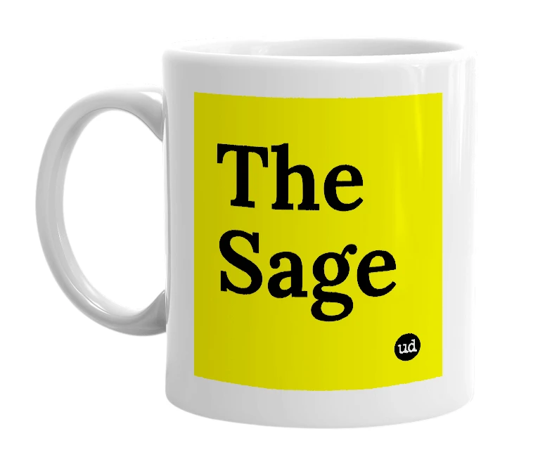 White mug with 'The Sage' in bold black letters