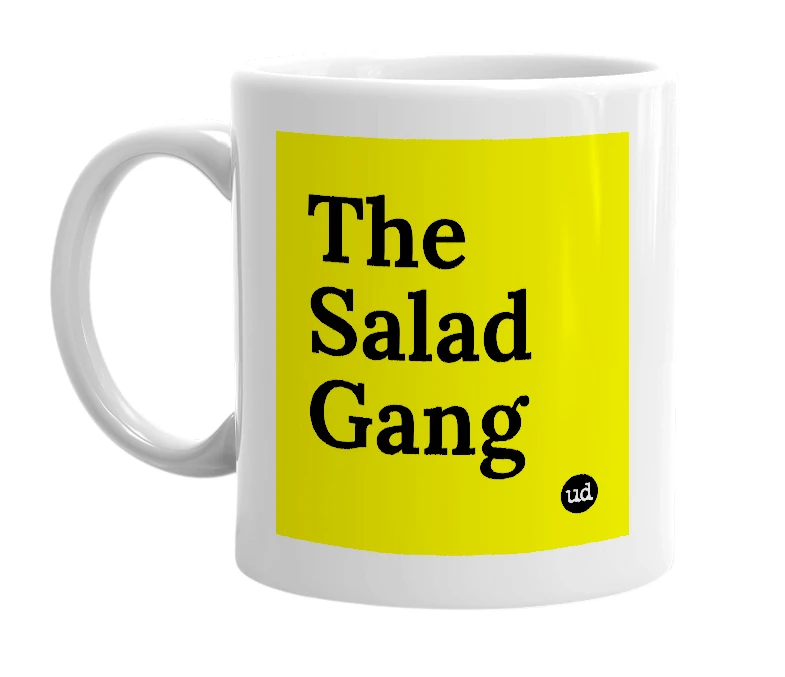 White mug with 'The Salad Gang' in bold black letters