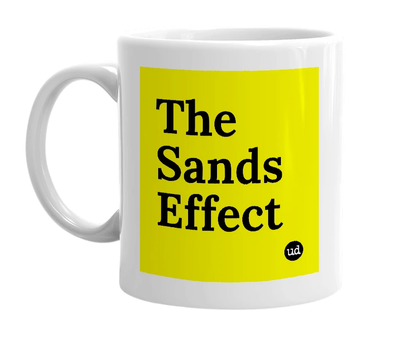 White mug with 'The Sands Effect' in bold black letters