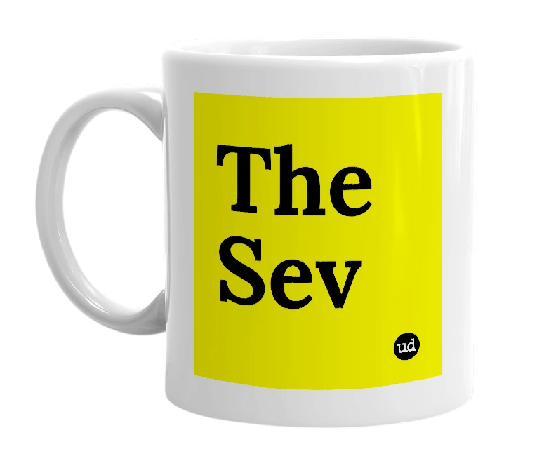 White mug with 'The Sev' in bold black letters