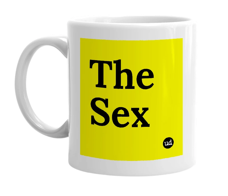 White mug with 'The Sex' in bold black letters