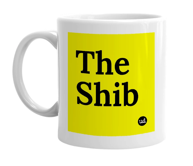 White mug with 'The Shib' in bold black letters