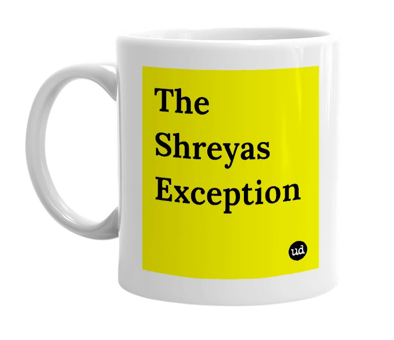 White mug with 'The Shreyas Exception' in bold black letters