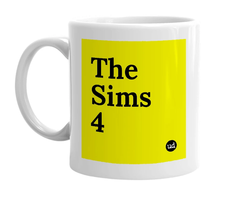 White mug with 'The Sims 4' in bold black letters