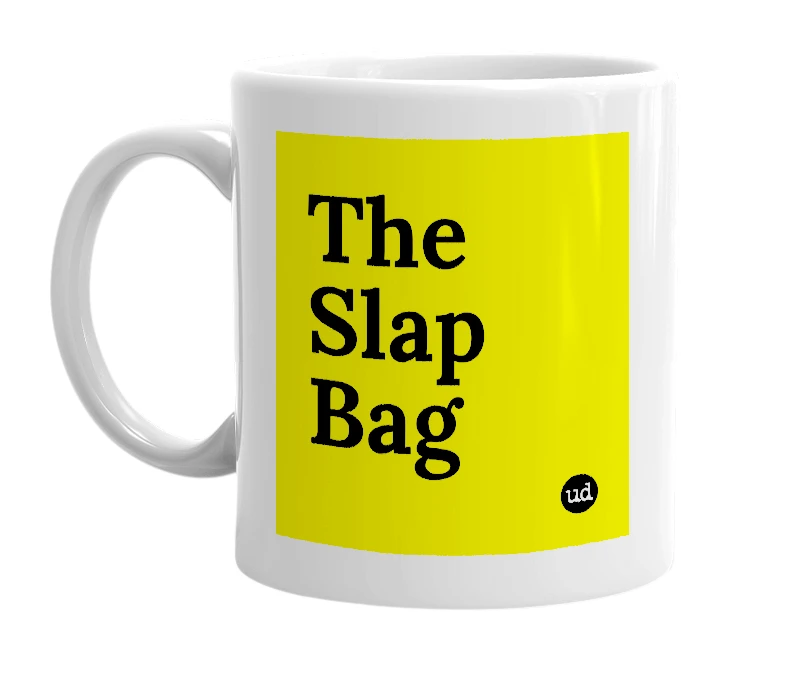 White mug with 'The Slap Bag' in bold black letters
