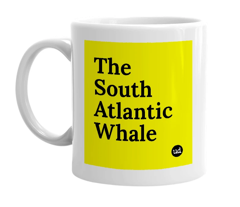 White mug with 'The South Atlantic Whale' in bold black letters