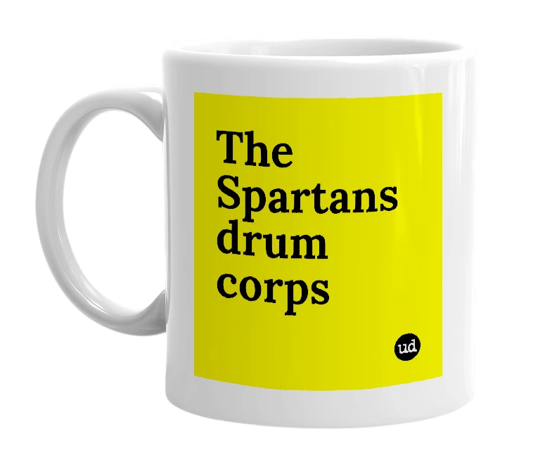 White mug with 'The Spartans drum corps' in bold black letters