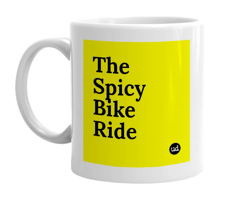 White mug with 'The Spicy Bike Ride' in bold black letters