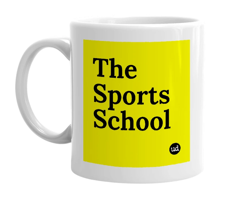 White mug with 'The Sports School' in bold black letters