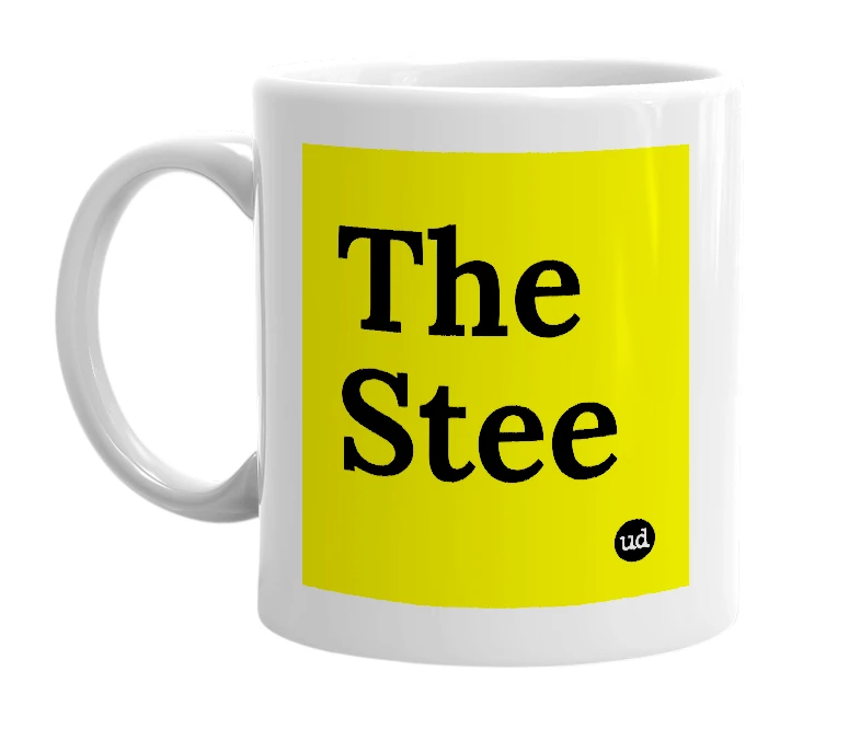 White mug with 'The Stee' in bold black letters