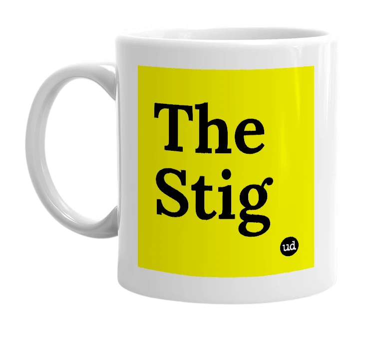 White mug with 'The Stig' in bold black letters