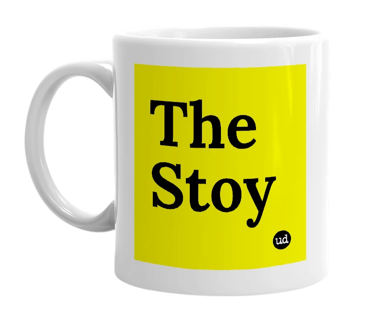 White mug with 'The Stoy' in bold black letters