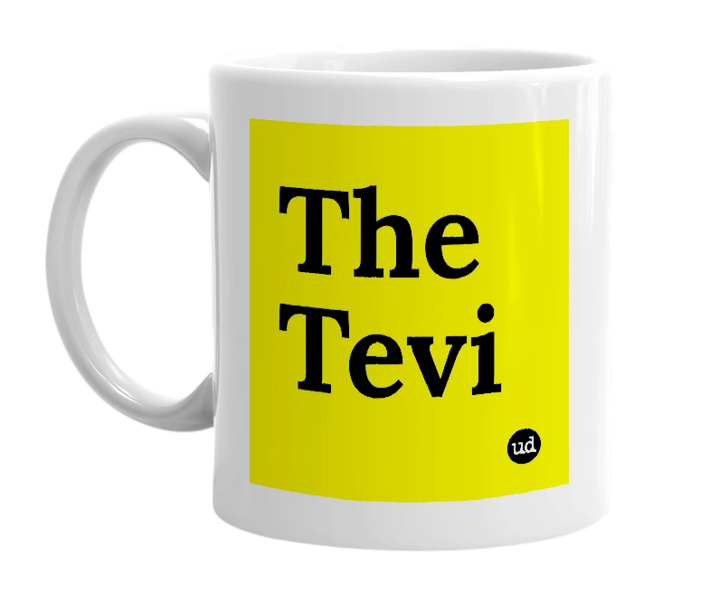 White mug with 'The Tevi' in bold black letters