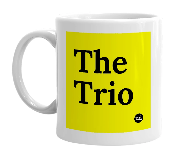 White mug with 'The Trio' in bold black letters