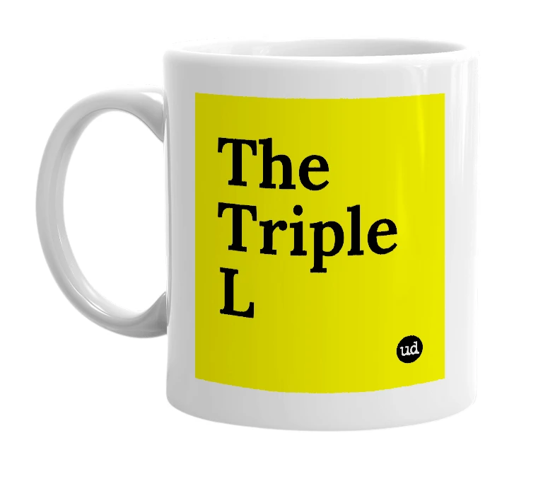 White mug with 'The Triple L' in bold black letters