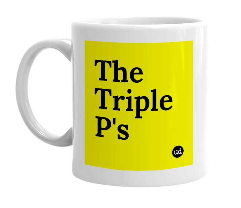 White mug with 'The Triple P's' in bold black letters