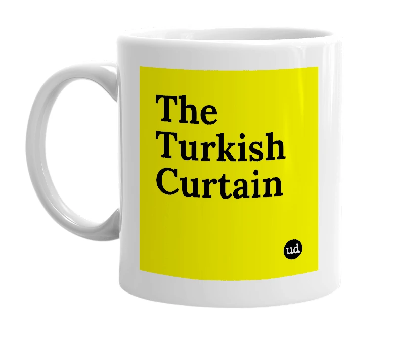 White mug with 'The Turkish Curtain' in bold black letters