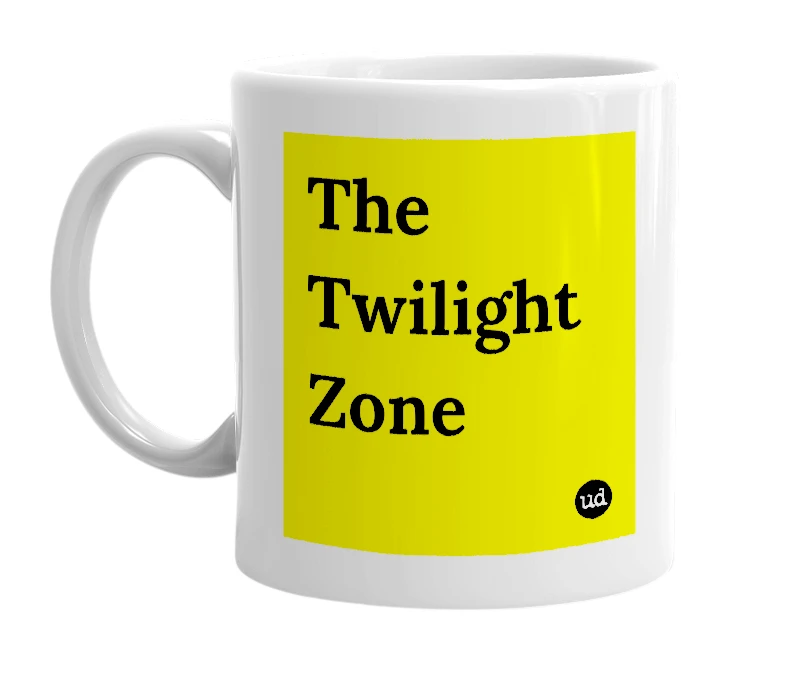 White mug with 'The Twilight Zone' in bold black letters