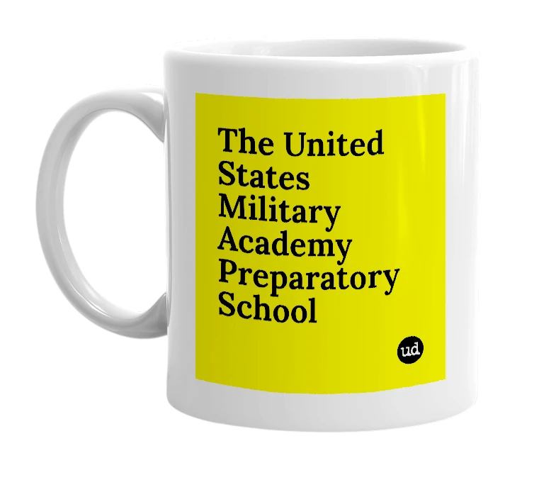 White mug with 'The United States Military Academy Preparatory School' in bold black letters