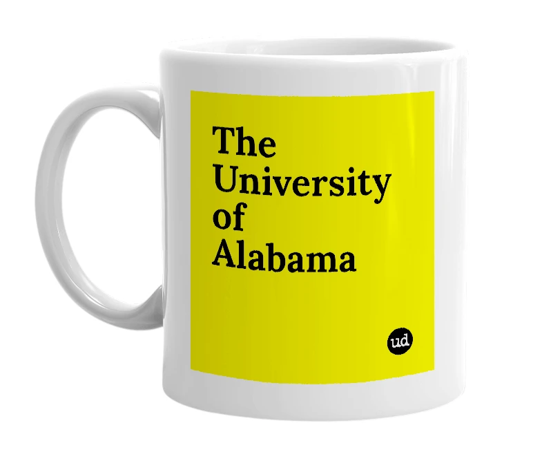 White mug with 'The University of Alabama' in bold black letters