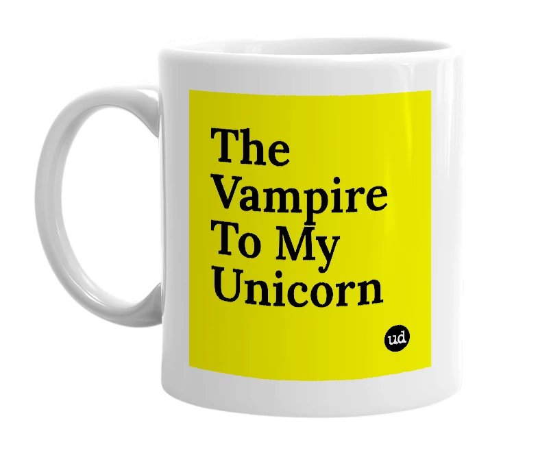 White mug with 'The Vampire To My Unicorn' in bold black letters