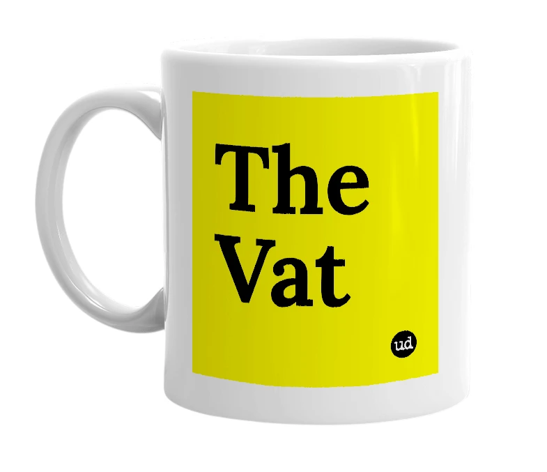 White mug with 'The Vat' in bold black letters