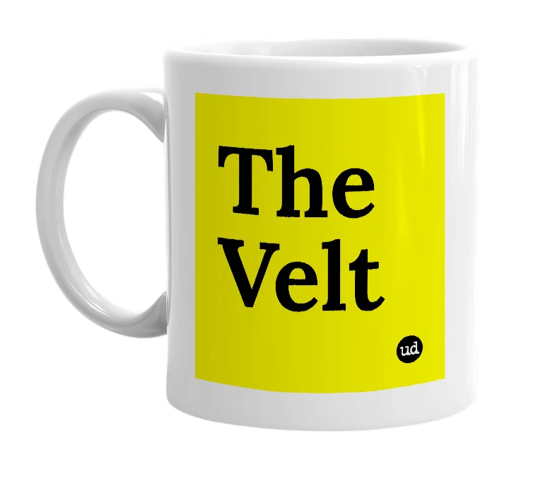 White mug with 'The Velt' in bold black letters