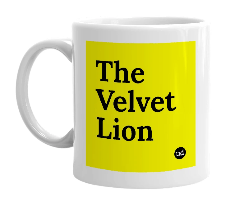 White mug with 'The Velvet Lion' in bold black letters