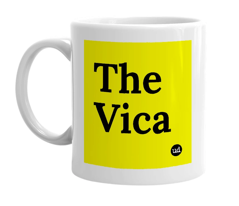 White mug with 'The Vica' in bold black letters