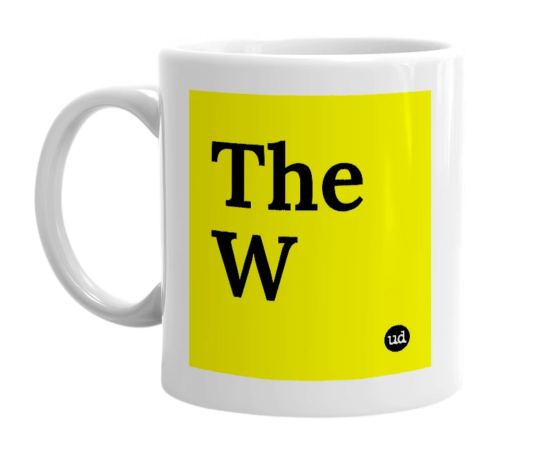 White mug with 'The W' in bold black letters